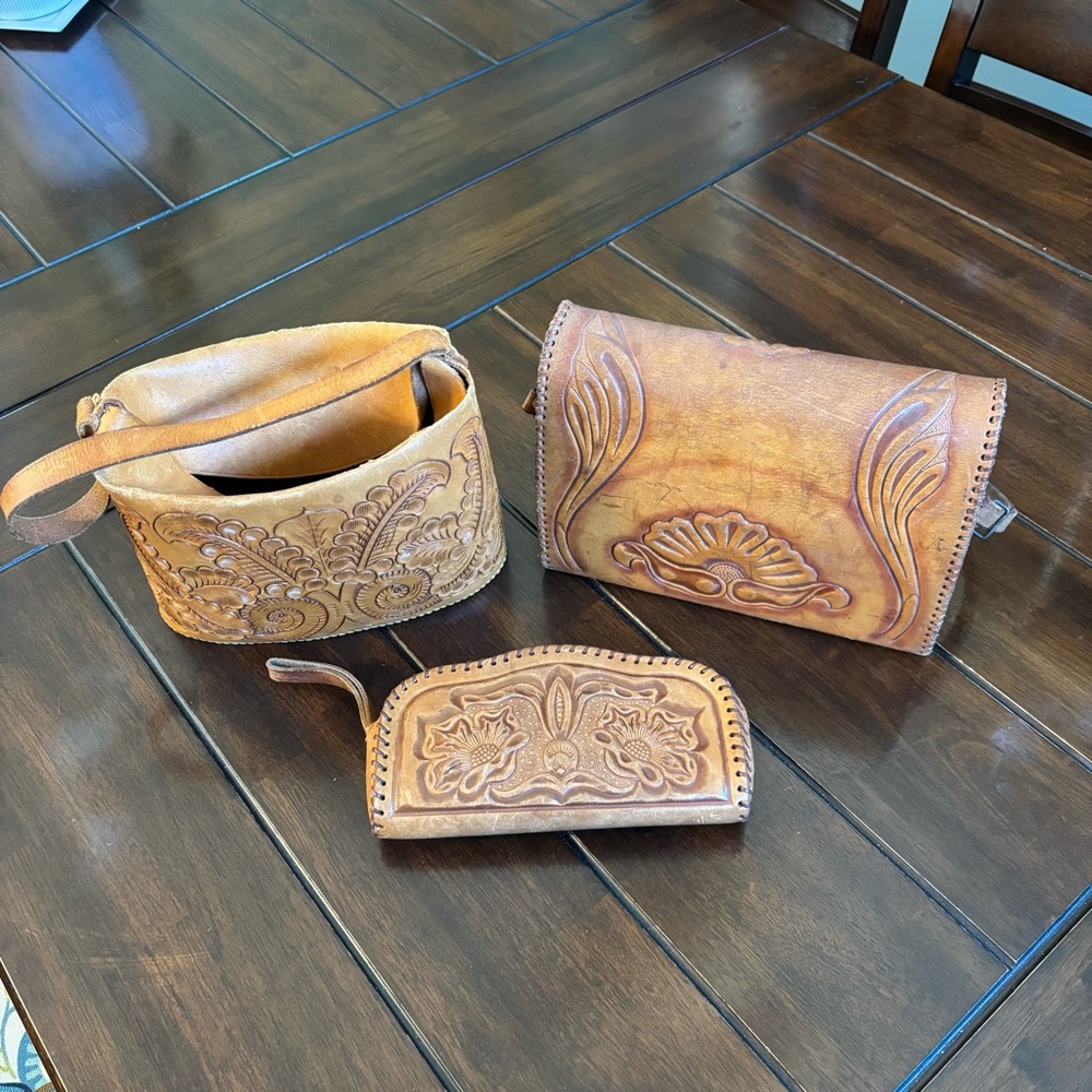 Vintage Handcrafted Mexican Tan Leather Bag Set Trio Genuine Cowhide Western - Picture 2 of 16